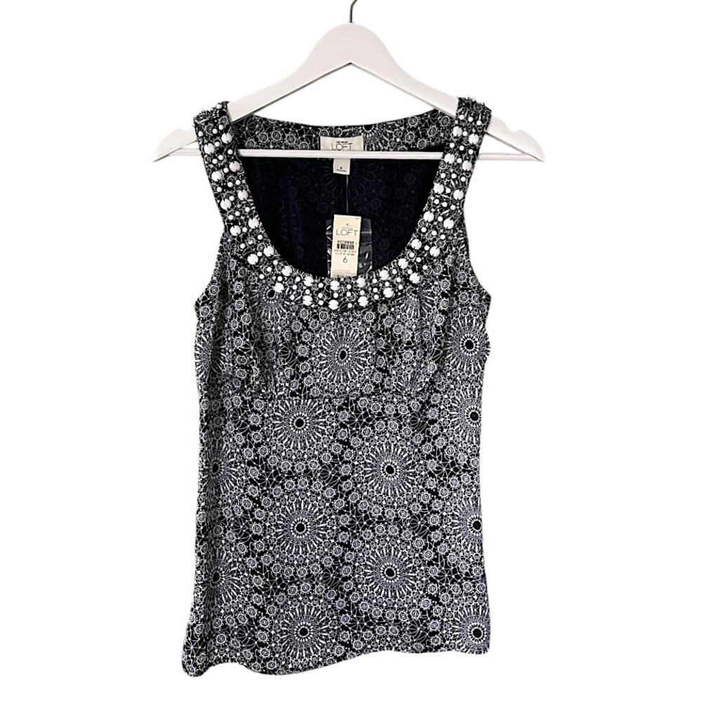 NWT Ann Taylor Loft Sleeveless Beaded Scoop‎ Neck Mandala Print Top Blue White 6